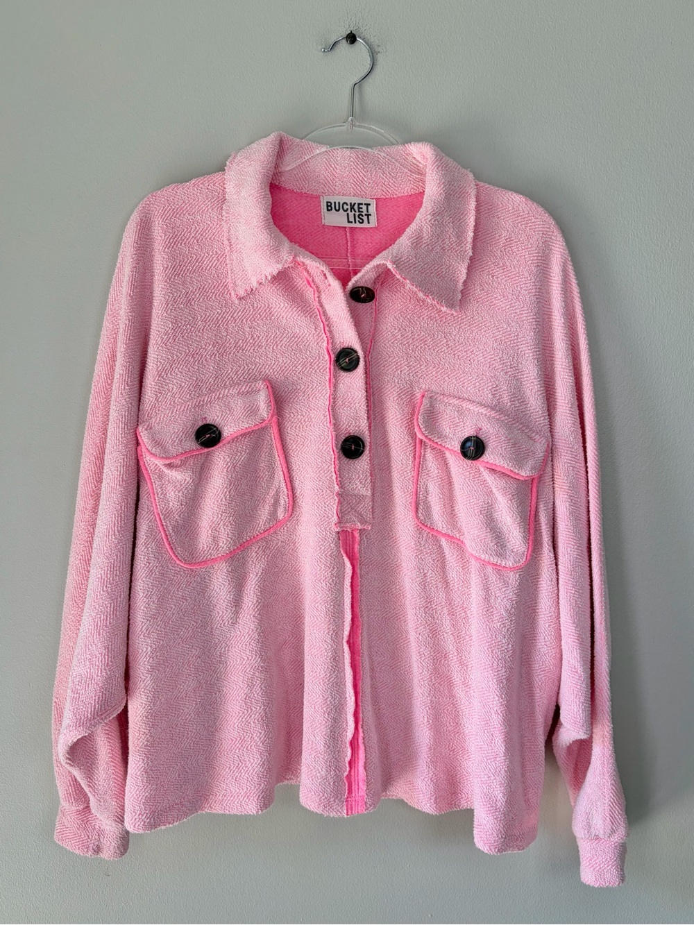 Bucket List Pink Dolman Sleeve French Terry Henley Pullover Top